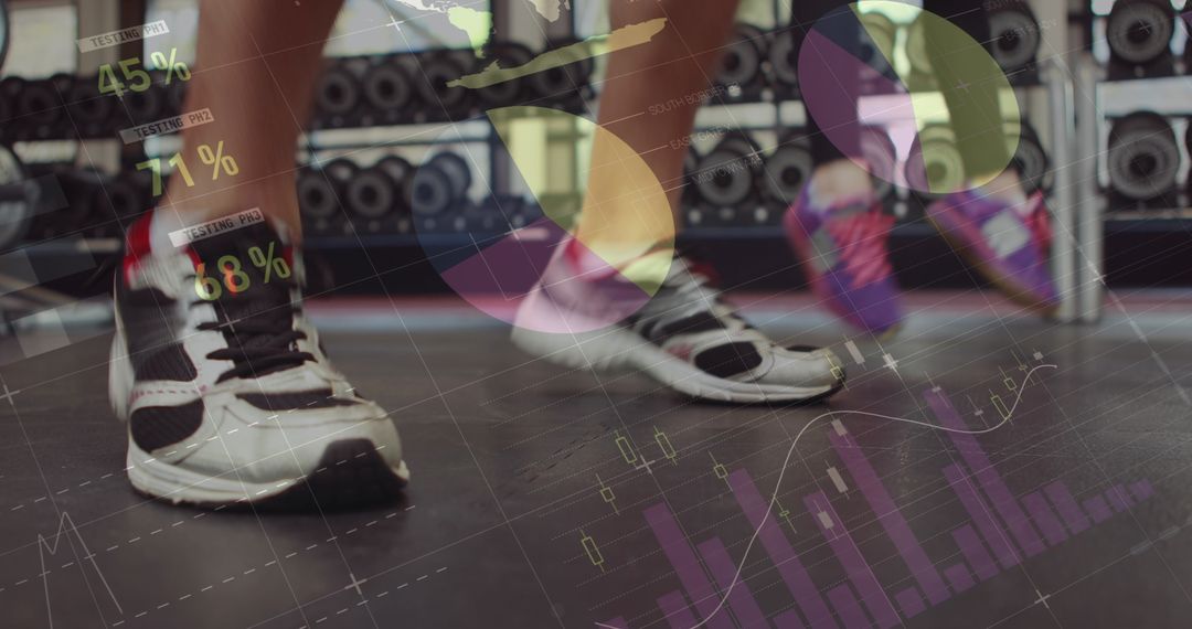 Athletes Running on Treadmills with Digital Fitness Metrics Display