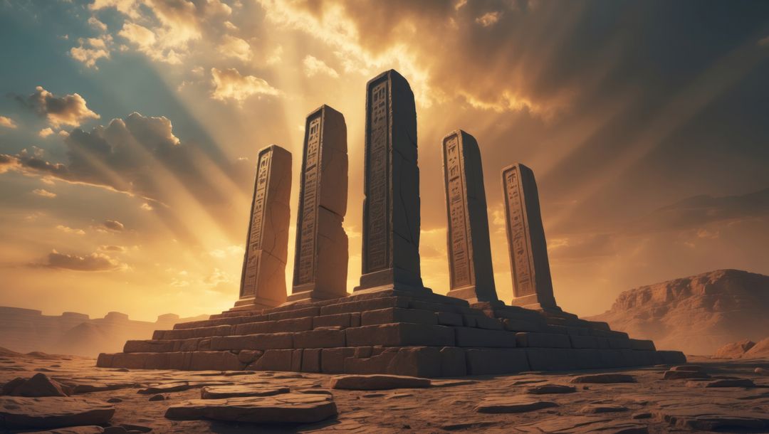 Majestic stone pillars at sunset in desert, ten commandments concept