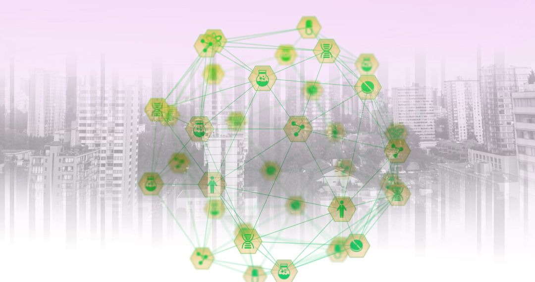 Globe of Green Digital Icons Over Urban Skyline