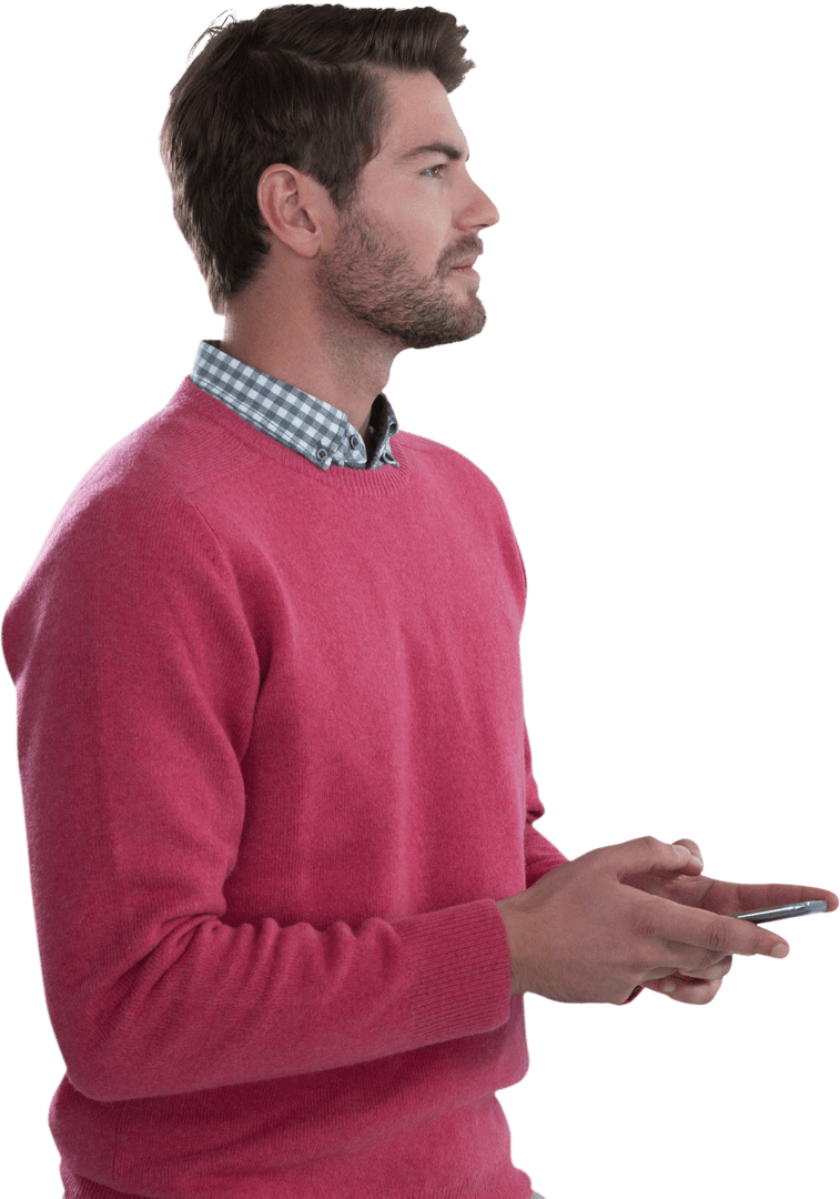 Profile of Thoughtful Man in Pink Sweater Holding Phone Transparent Background