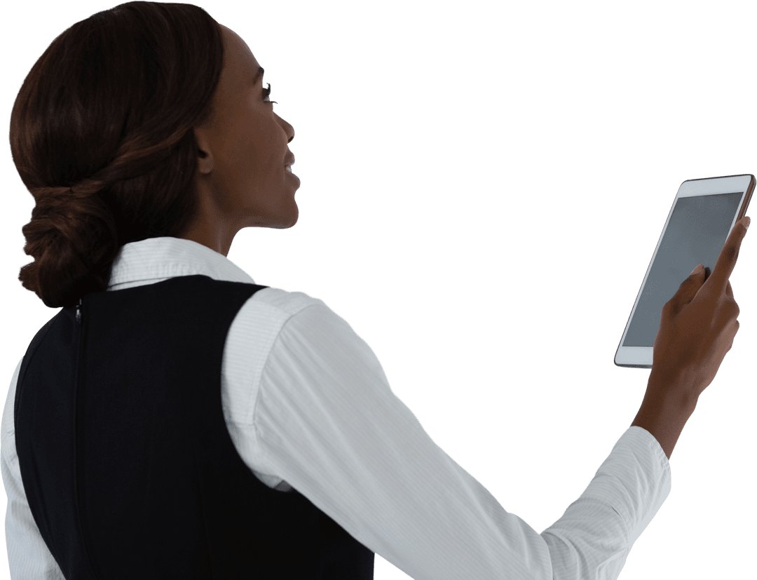 Professional Woman Engaging with Transparent Tablet