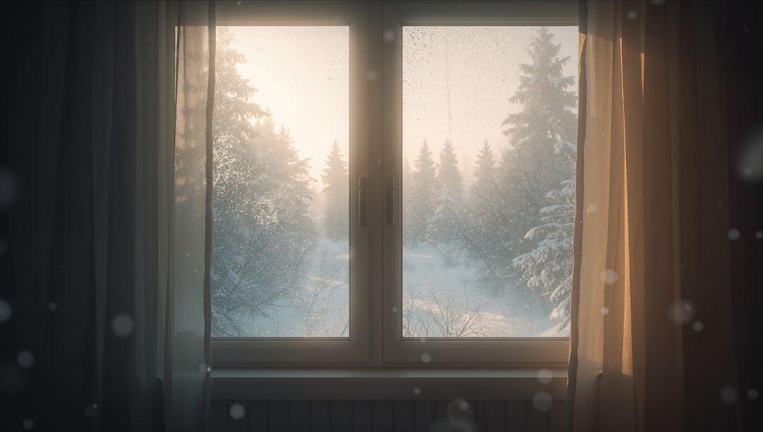 Looking Out Frosted Double-Pane Window Over Snowy Pine Forest at Soft Winter Sunrise