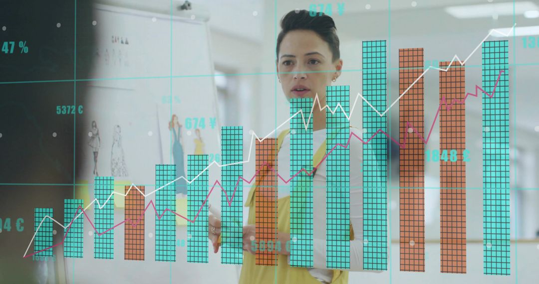 Woman Presenting Data Visualization on Transparent Dashboard with Bar Charts and Analytics