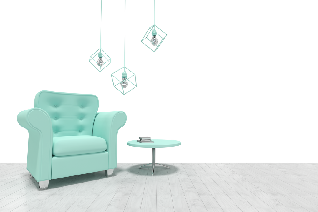 Transparent room with light turquoise armchair and hanging geometric decorations - Download Free Stock Images Pikwizard.com