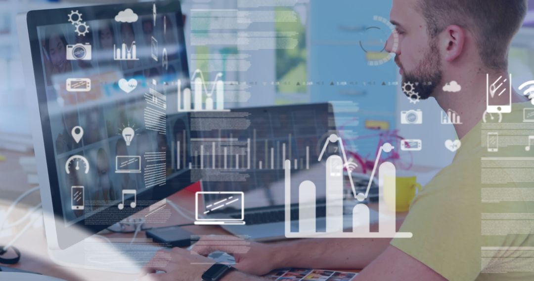 Technology Professional Multitasking in Modern Office with Digital Interface