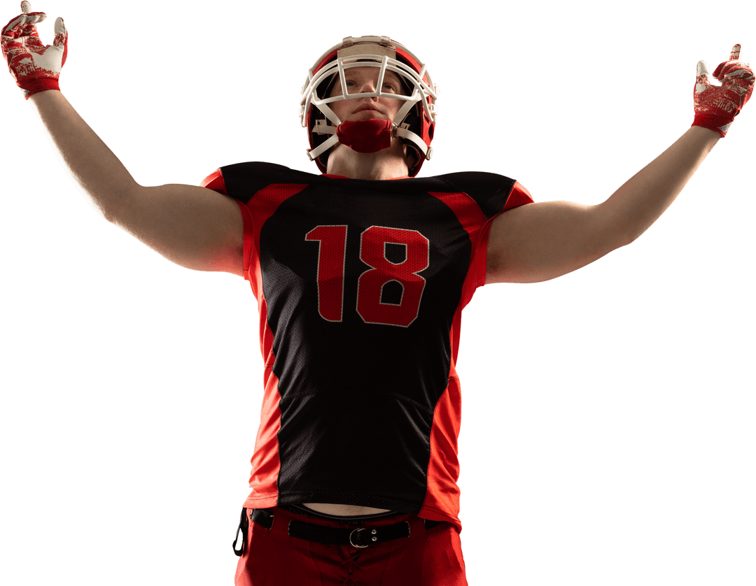Young American Football Player Celebrating with Arms Raised Transparent