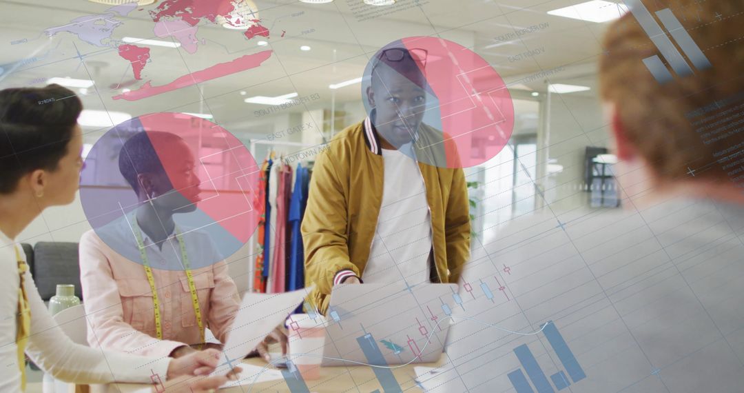 Diverse Team Discussing Business Strategy with Digital Overlay