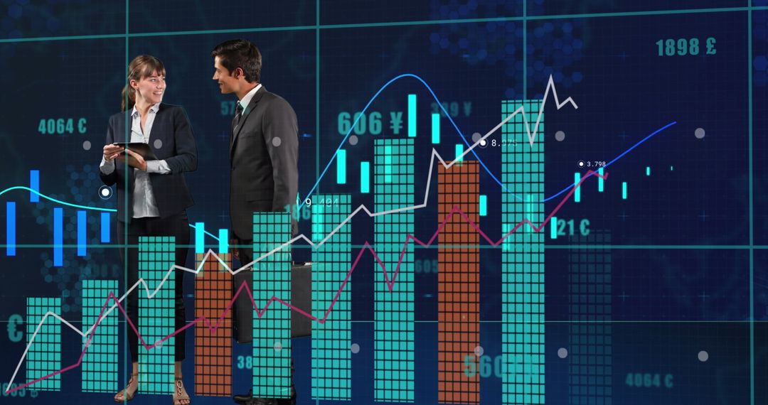 Diverse Businesspeople Analyzing Financial Data Charts Digital Background