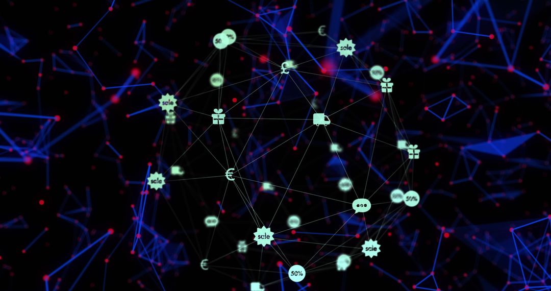 Digital Network Web with Various Icons and Symbols