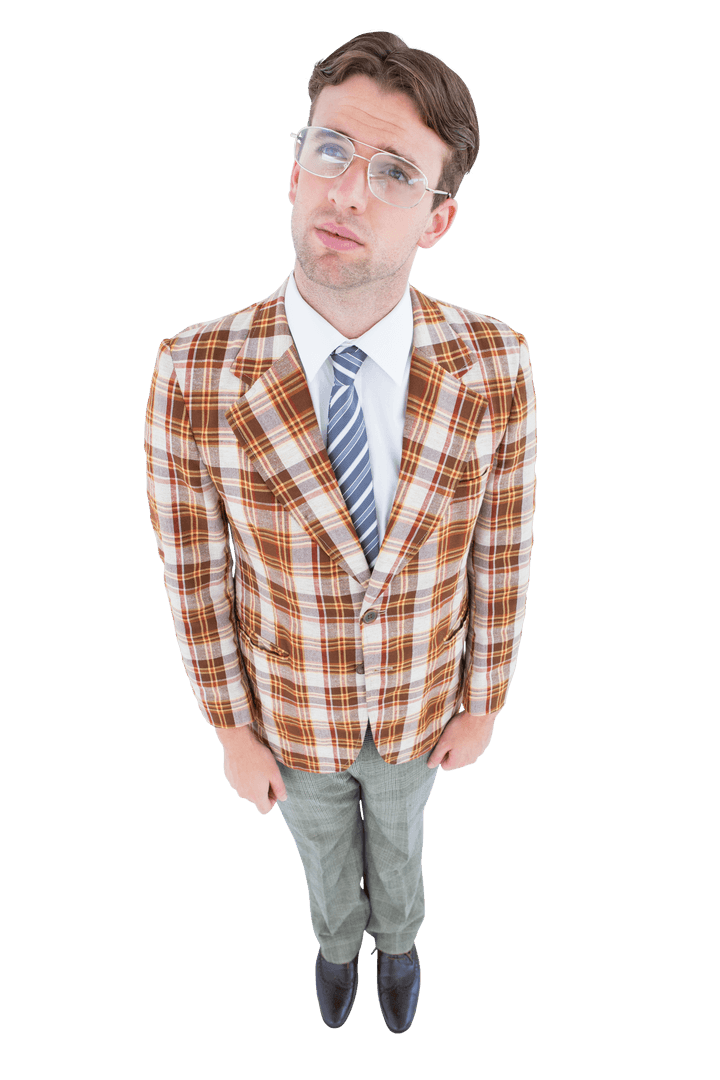 Transparent Geeky Hipster in Vintage Plaid Suit Looking Up