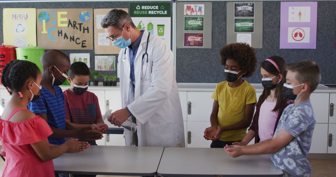 Doctor distributing hand sanitizer to diverse kids in classroom for health education - Free Images, Stock Photos and Pictures on Pikwizard.com