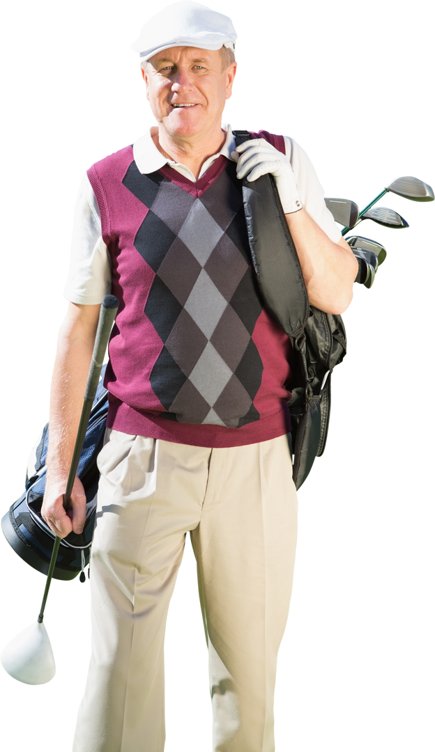 Happy Caucasian Male Golfer Holding Clubs on Transparent Background - Download Free Stock Images Pikwizard.com