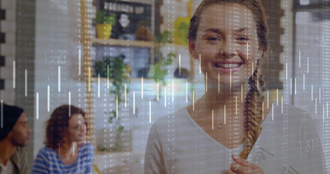 Modern Business Woman Analyzing Stock Data with Candlestick Overlay