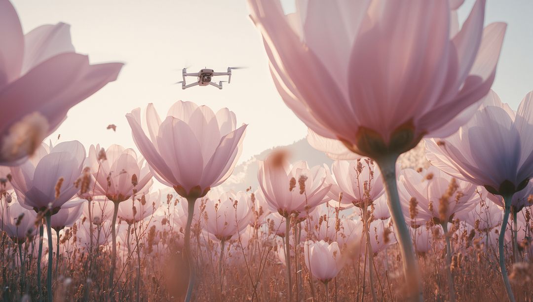 Drone Hovering over Lush Pink Flower Field at Sunrise