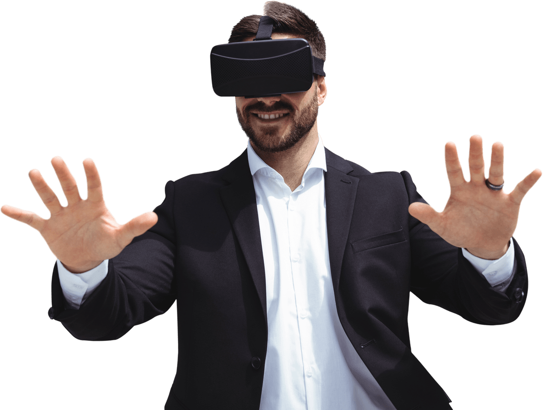 Smiling Businessman Engaged with Transparent Virtual Reality Glasses