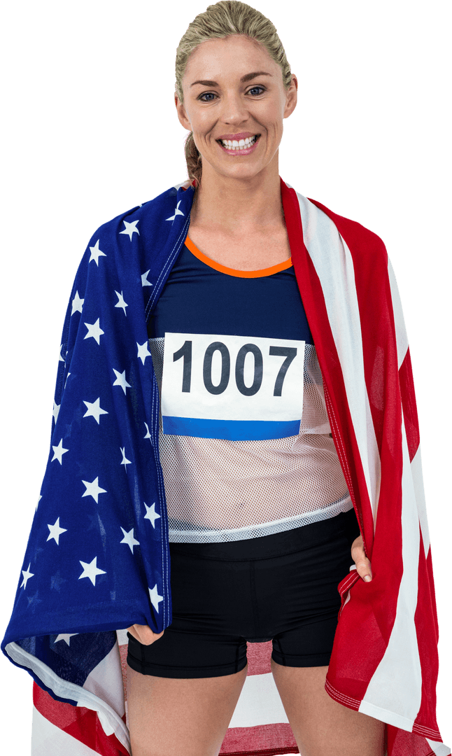 Transparent Smiling Athlete Draped in American Flag