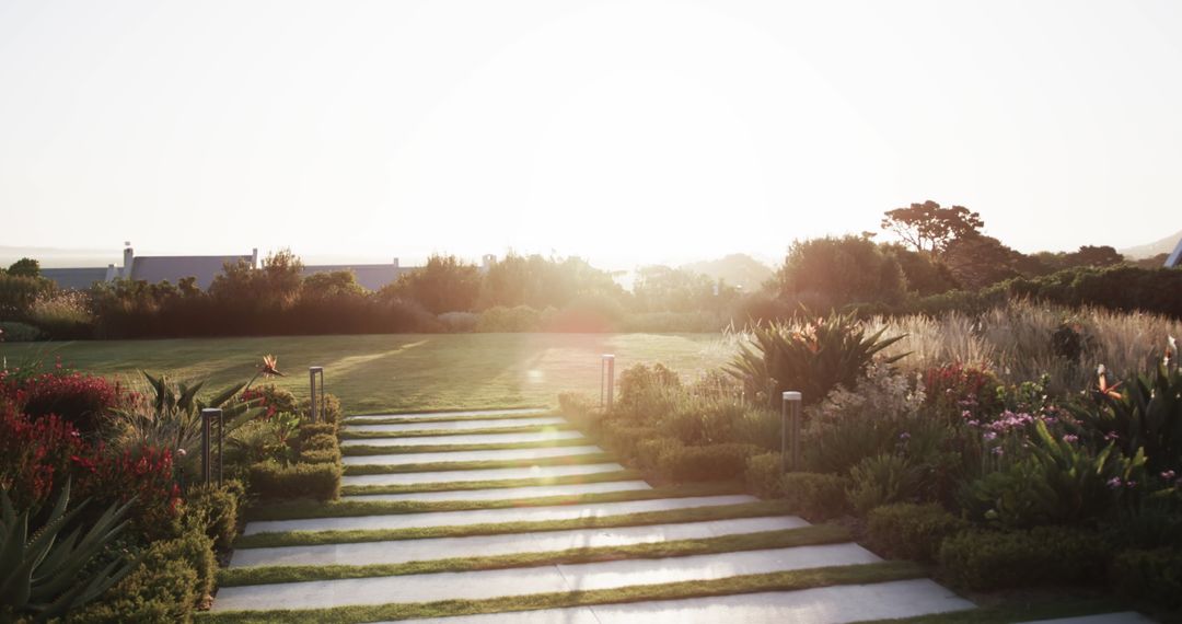 Sunny Walkway Across Lush Garden at Sunset - Free Images, Stock Photos and Pictures on Pikwizard.com