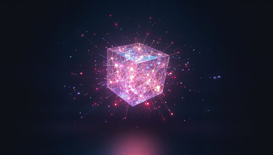 Futuristic Wireframe Neon Cube with Scattered Digital Particles