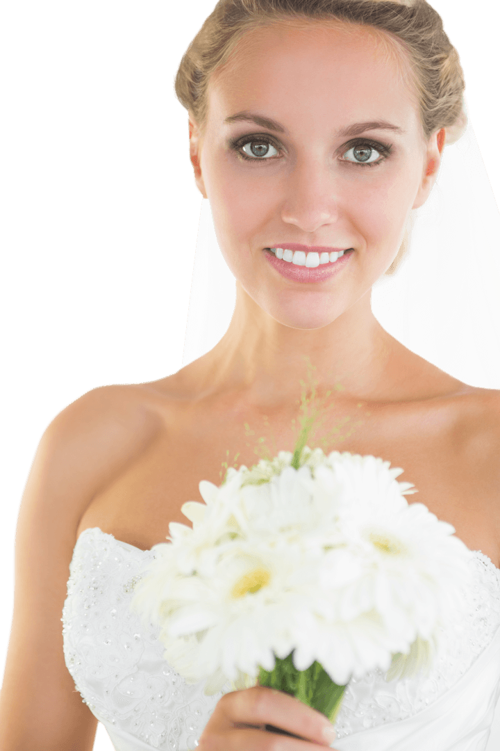 Beautiful Transparent Background Bride Smiling with White Bouquet