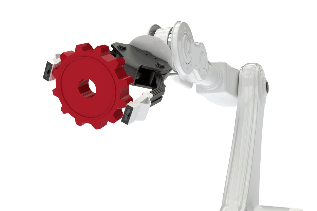 Transparent Robotic Arm Holding Red Gear Component