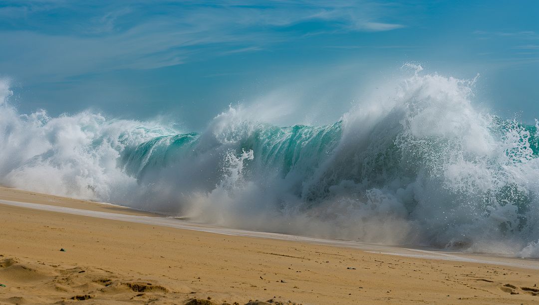 Powerful Ocean Wave Crashing on Sandy Beach