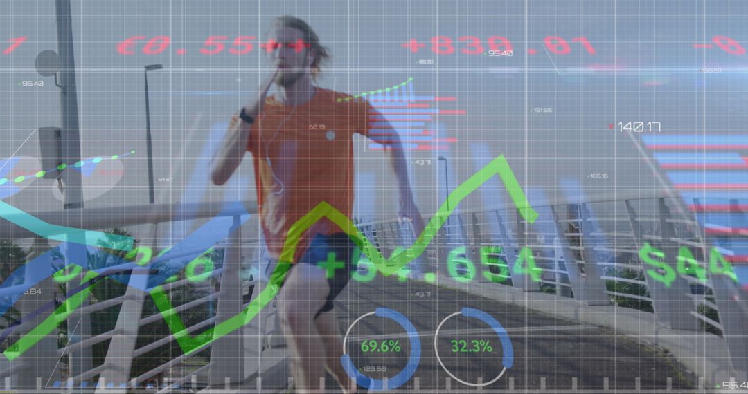 Dynamic Urban Athlete Amidst Financial Data Overlay