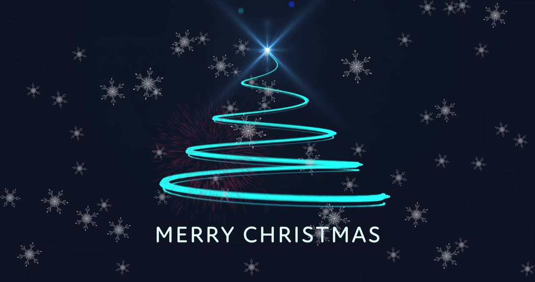Stylized Christmas Tree with Falling Snowflakes on Dark Background