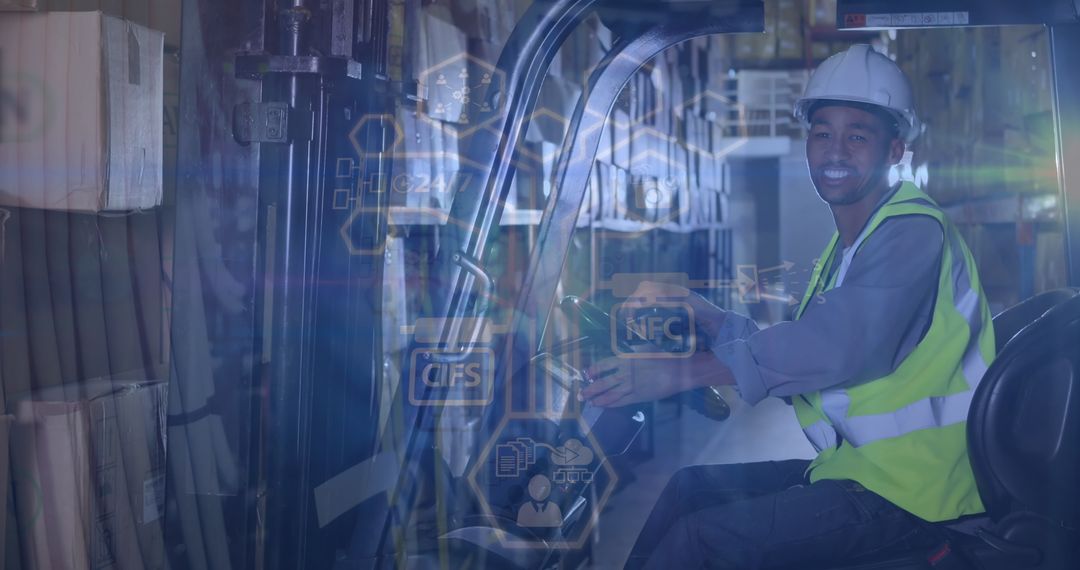 Warehouse Worker Using Forklift with Technology Overlay