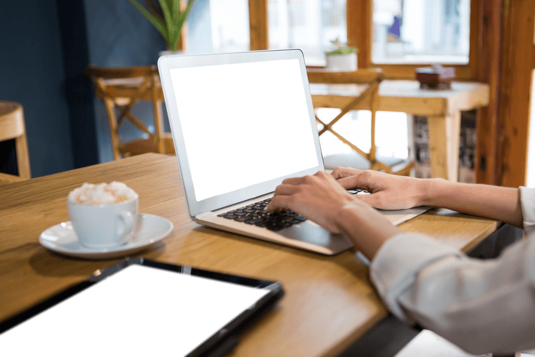 Transparent computer screen display in modern cafe environment