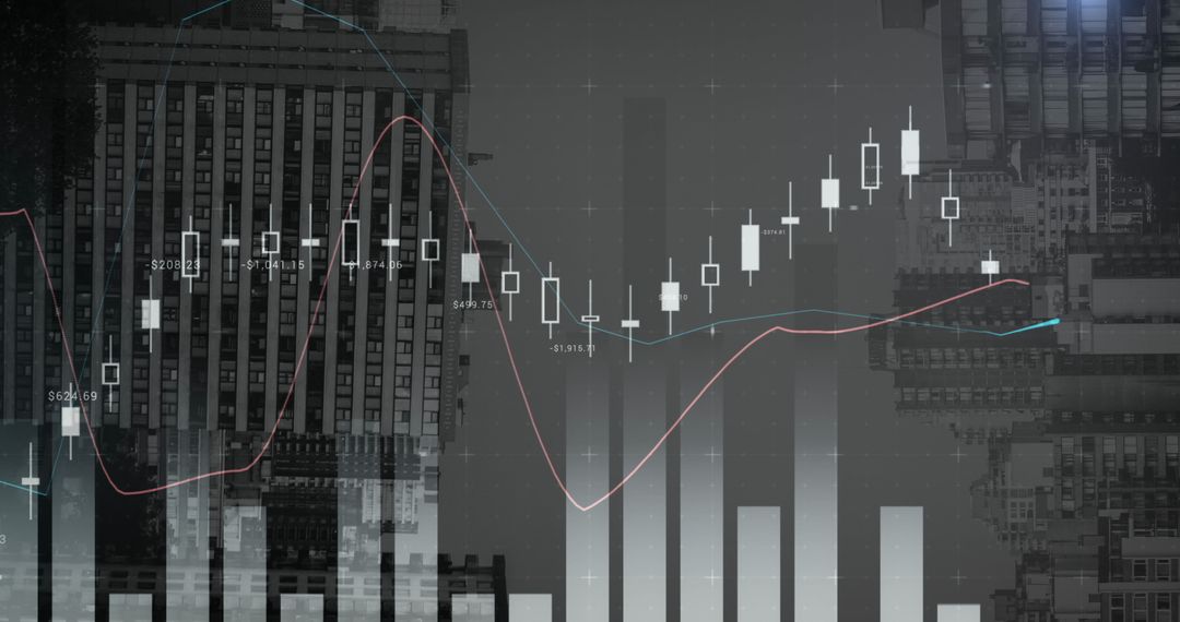 Cityscape with Graph Overlay Representing Stock Market Trends - Free Images, Stock Photos and Pictures on Pikwizard.com