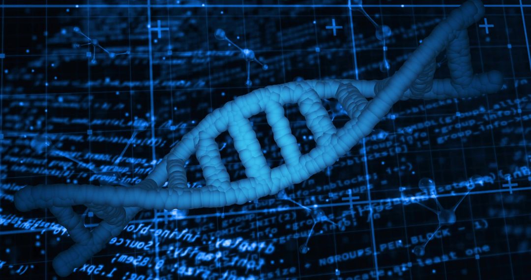 Glowing Blue DNA Double Helix Rotating Over Digital Code Grid for Genomics & Bioinformatics