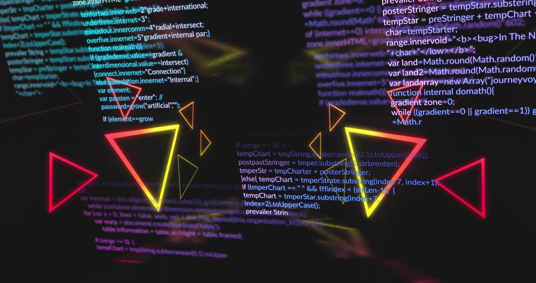 Glowing Neon Triangle Cluster Overlapping Streaming Code, Futuristic Cyber Geometry