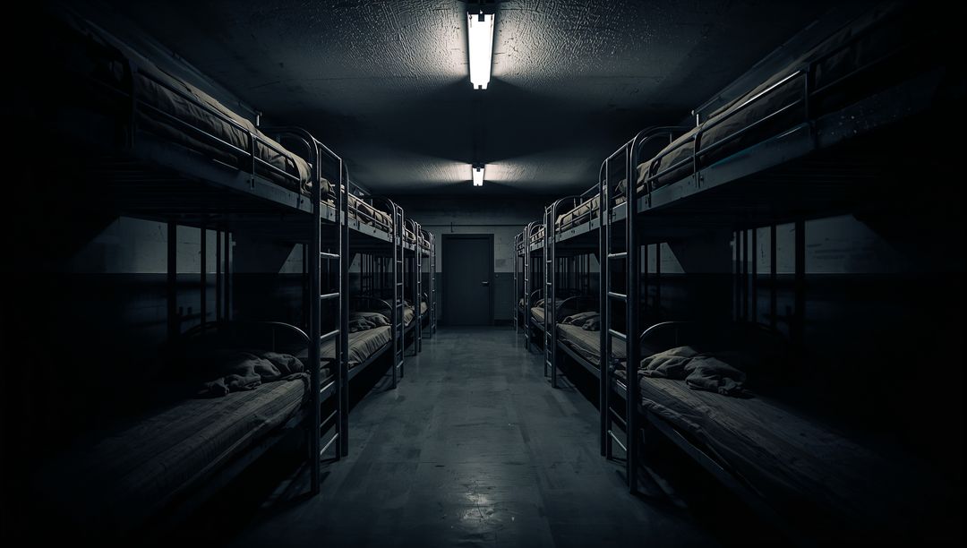 Dimly Lit Dormitory with Metal Bunk Beds in Industrial Space