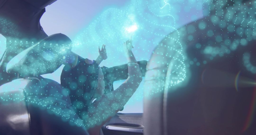 Woman Interacting with Futuristic Holographic Display in Car