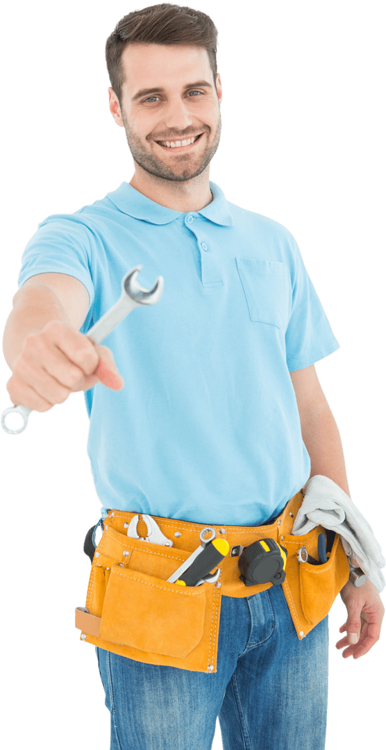 Smiling Construction Worker Holding Spanner Transparent Background