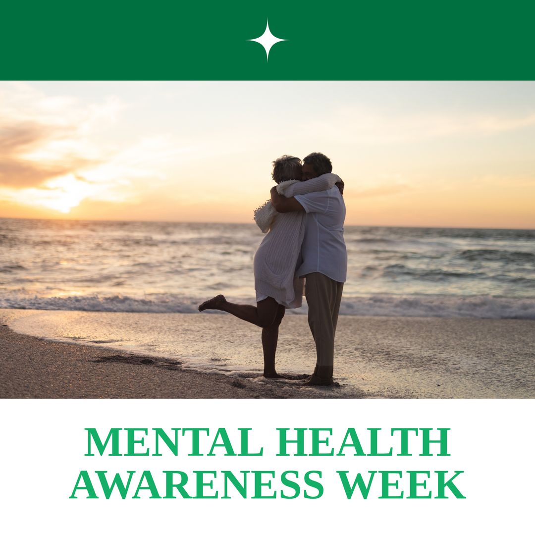 Peaceful Senior Couple Embracing on Seashore at Sunset