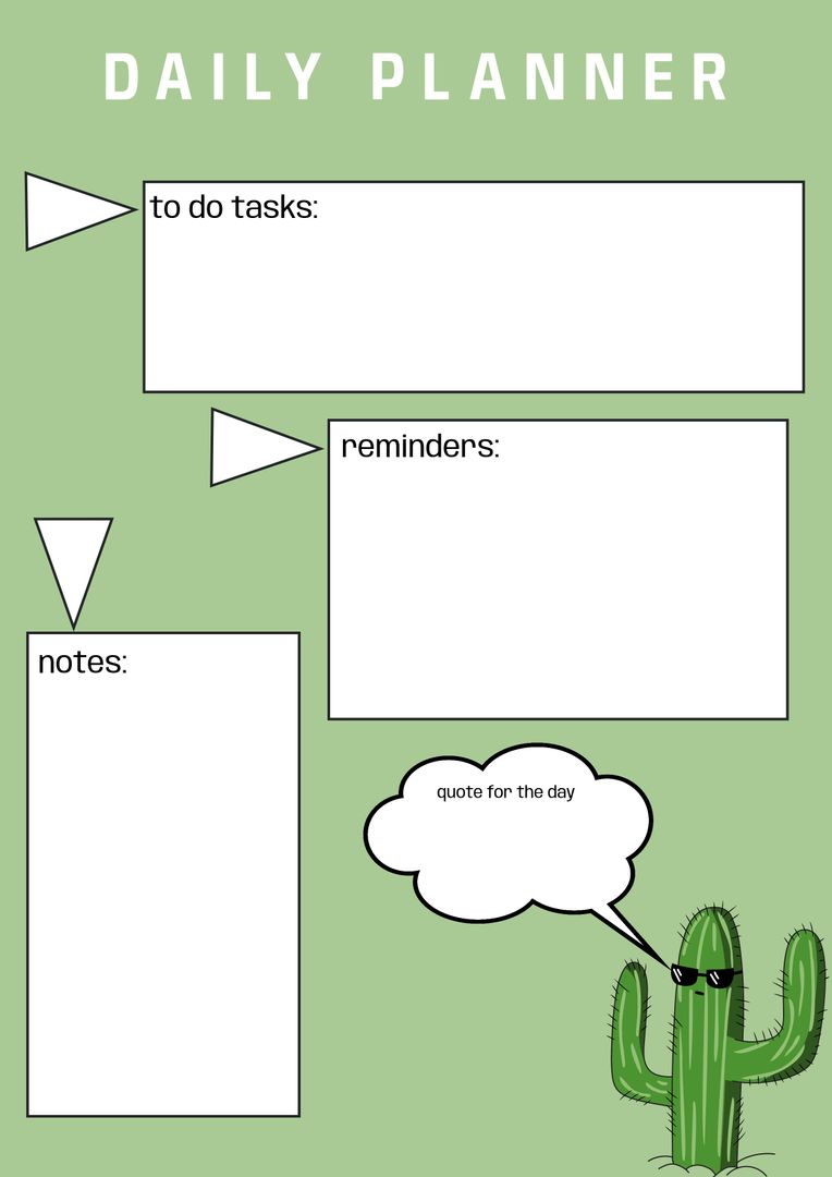 Green Daily Planner with Cactus and Notes Sections - Download Free Stock Templates Pikwizard.com