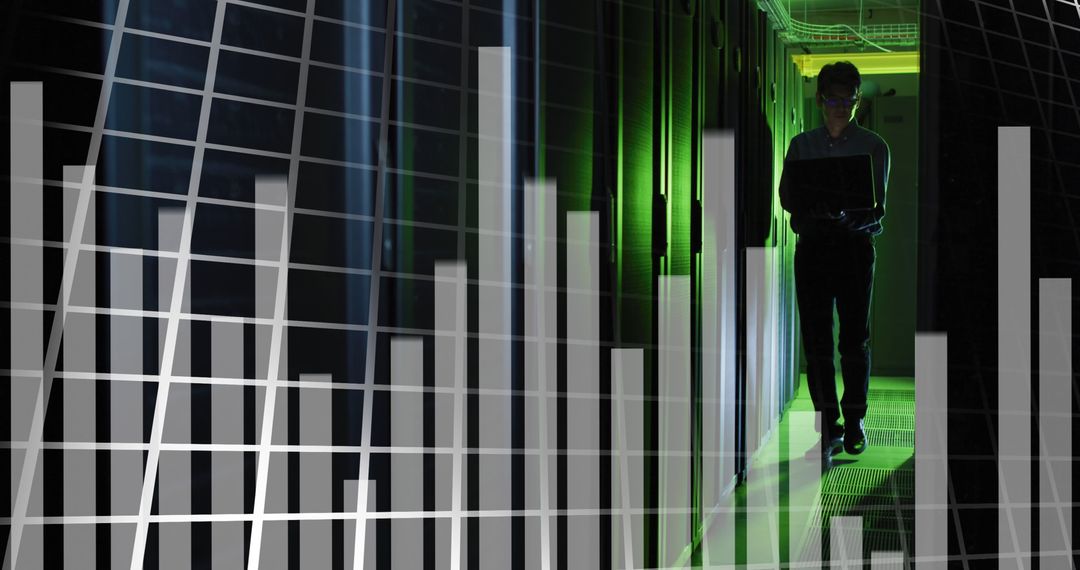 Male Technician in Server Room with Data Analytics Overlay