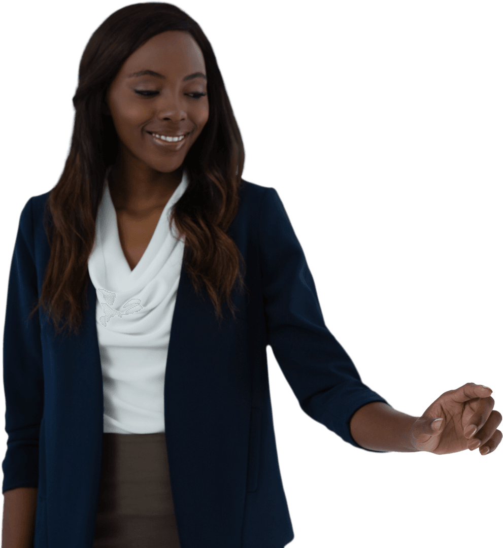 Transparent Smiling Businesswoman Interacting with Virtual Interface