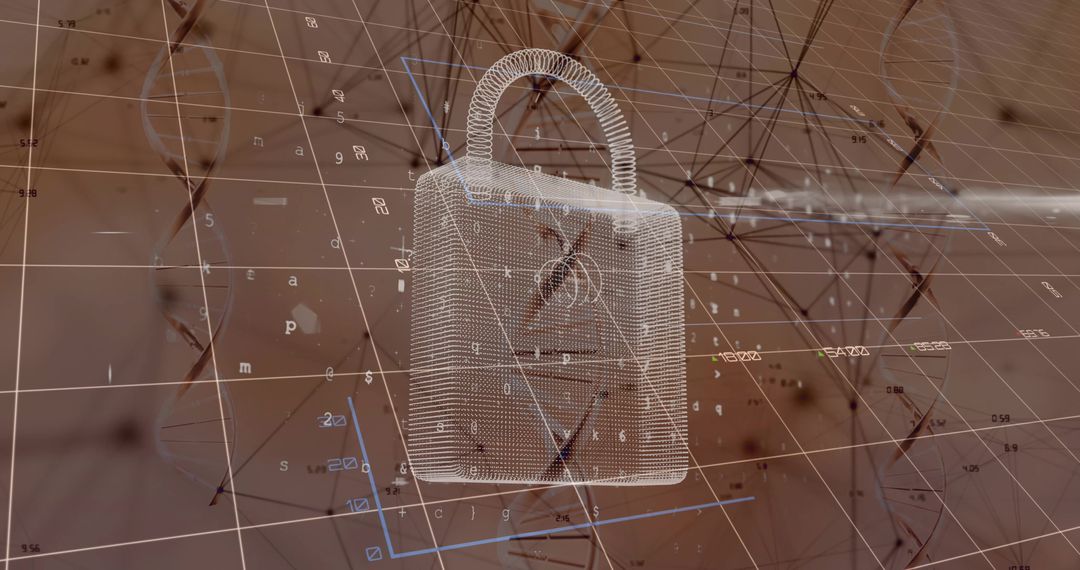 3D Wireframe Padlock in Futuristic Digital Grid for Data Security Concept
