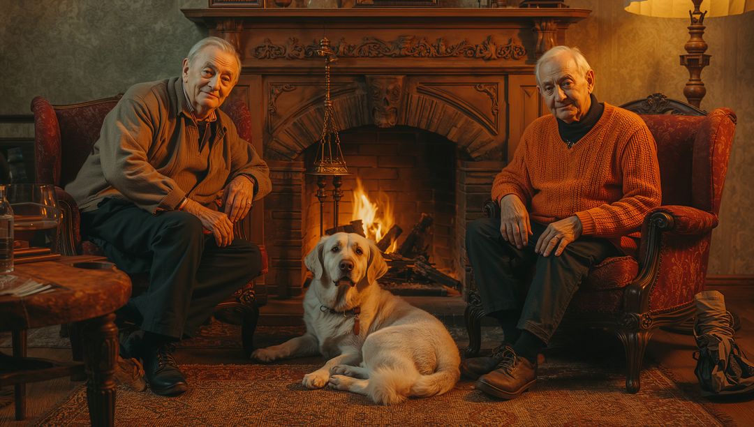 Senior Friends Enjoying Cozy Fireplace Evening with Labrador