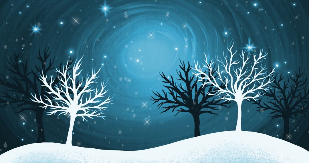 Winter Wonderland with Starry Sky and Bare Trees in Snow