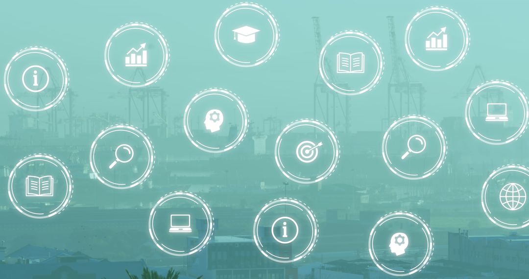 Digital Icons with City Backdrop Illustrating Networking Concept