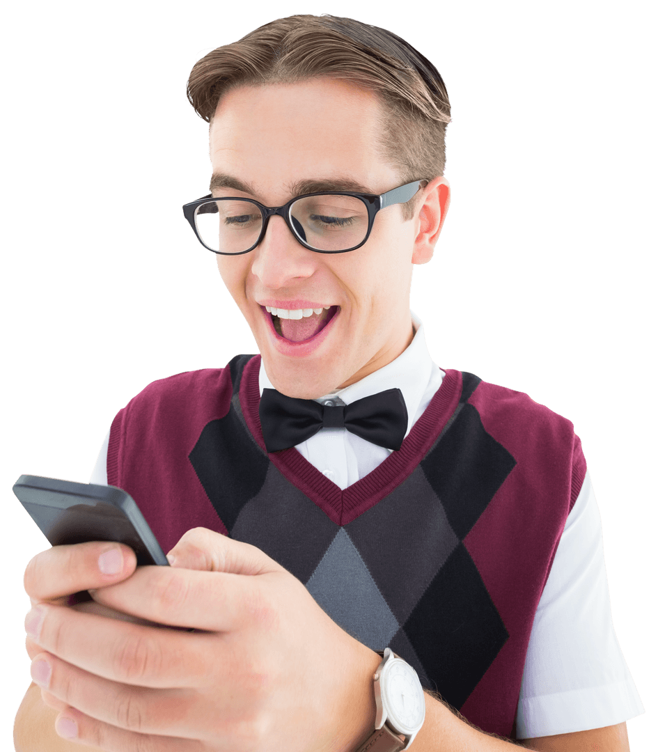 Excited Geeky Hipster texting with Transparent Background