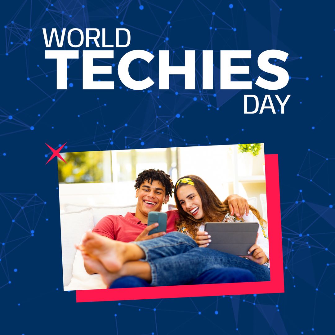 Celebrating World Techies Day with Diverse Couple Engaged in Technology