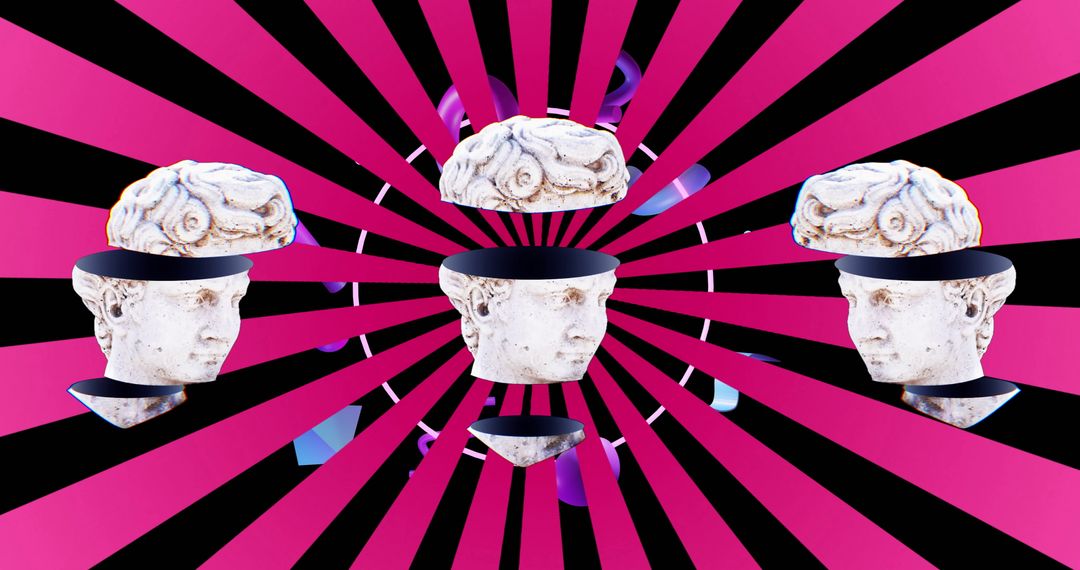 Surreal Digital Composition with Classical Busts and Optical Patterns