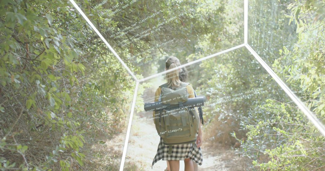 Backpacker walking forest trail with cap and waist-tied shirt, code hex-grid overlay