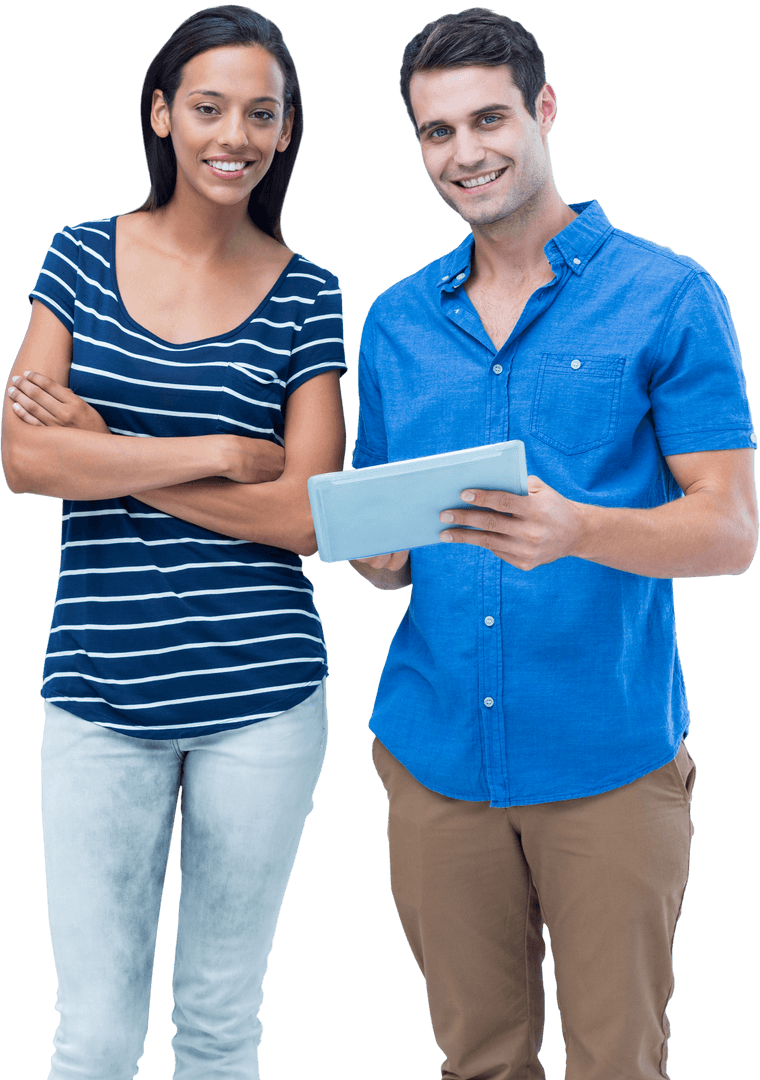 Diverse Couple Using Tablet in Casual Outfits on Transparent Background