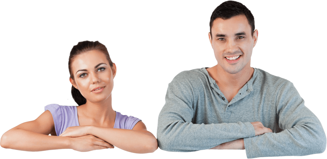Happy Couple Smiling Transparently Leaning Arms Folded