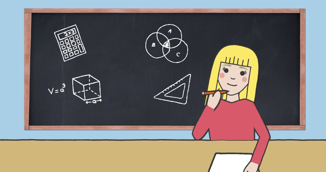 Schoolgirl Engaged in Learning with Educational Symbols on Blackboard